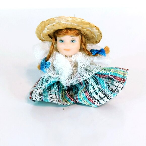 Vintage Ganz Miniature Porcelain Doll Sitting with Braids Straw Hat Plaid Dress - Picture 1 of 5